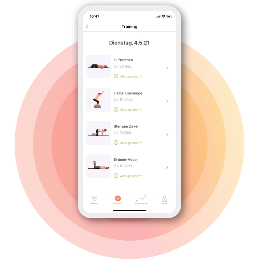 Vivira App-Screenshot: Übungen der App auf Rezept bei Rücken-, Knie- und Hüftschmerzen.